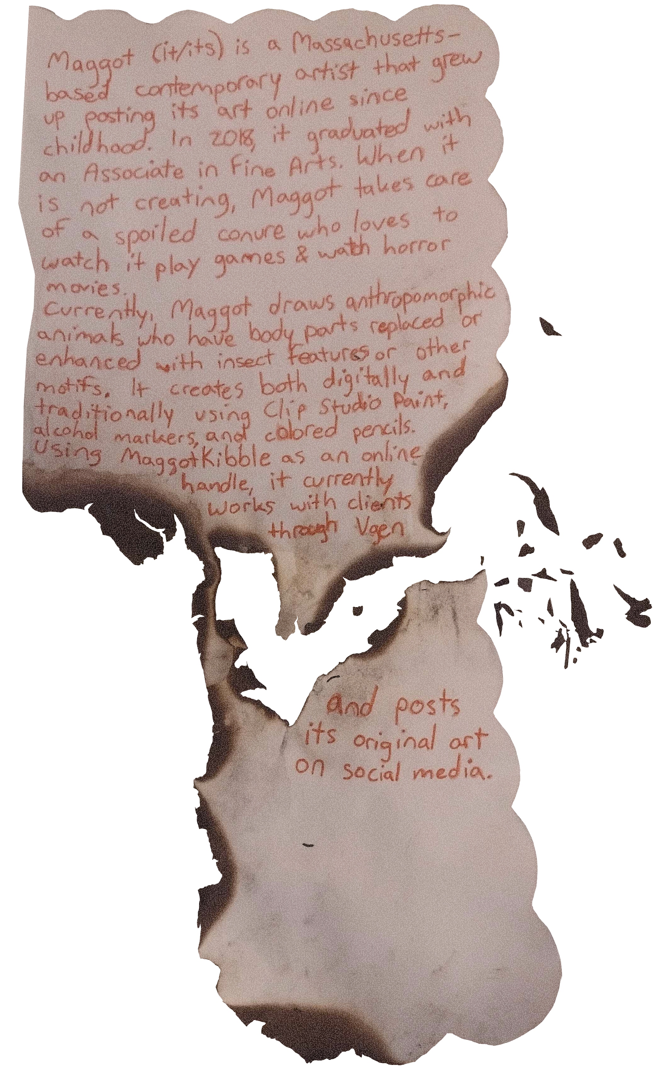 Artist Statement Two crumpled papers with stickers on them, seemingly torn from a purple floral notebook behind them. The papers have an artist statement written on them. (Text in middle column)