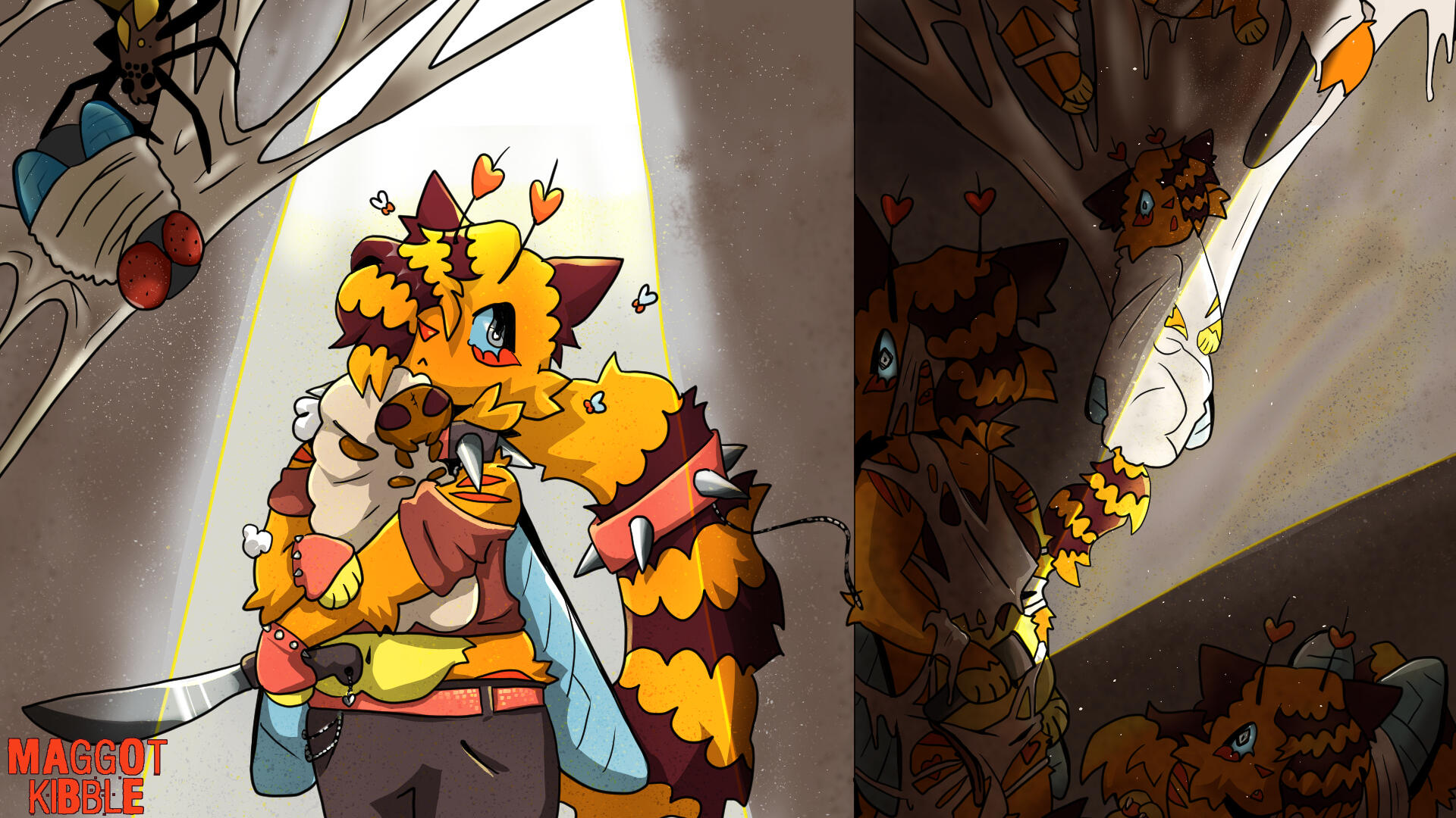 In this piece, Whisper is in a beam of light, holding it's grub and looking off to the right of the canvas. behind a wall, there is several other "Whispers" that are all looking at the one in the vertical beam wrapped up or draped in spider silk.