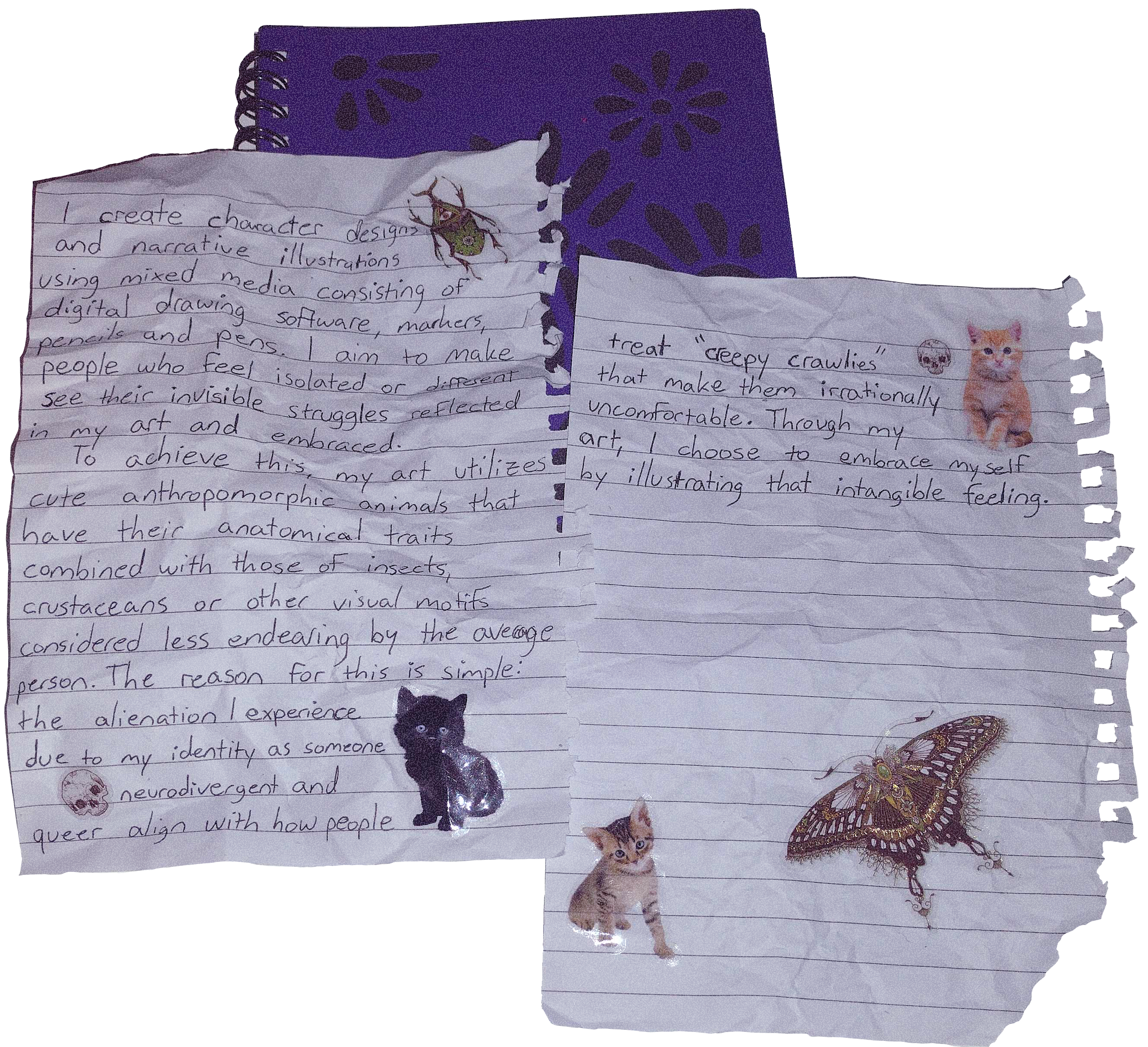 Two crumpled papers with stickers on them, seemingly torn from a purple floral notebook behind them. The papers have an artist statement written on them. (Text in middle column)